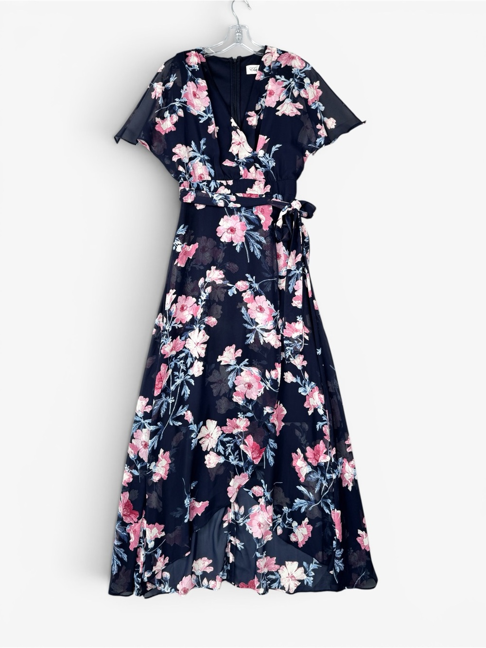 ELIZA J Floral Faux‎ Wrap Maxi Dress Navy Pink 2 Flutter Sleeve Belted Romantic